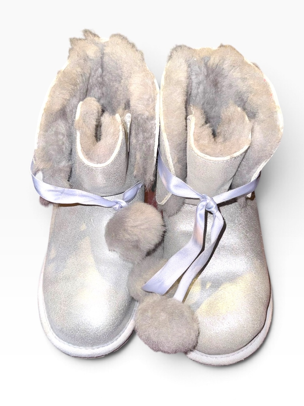 UGG Gita Metallic Silver Sheepskin Pom Pom Boots Big Kids 5 EU 35